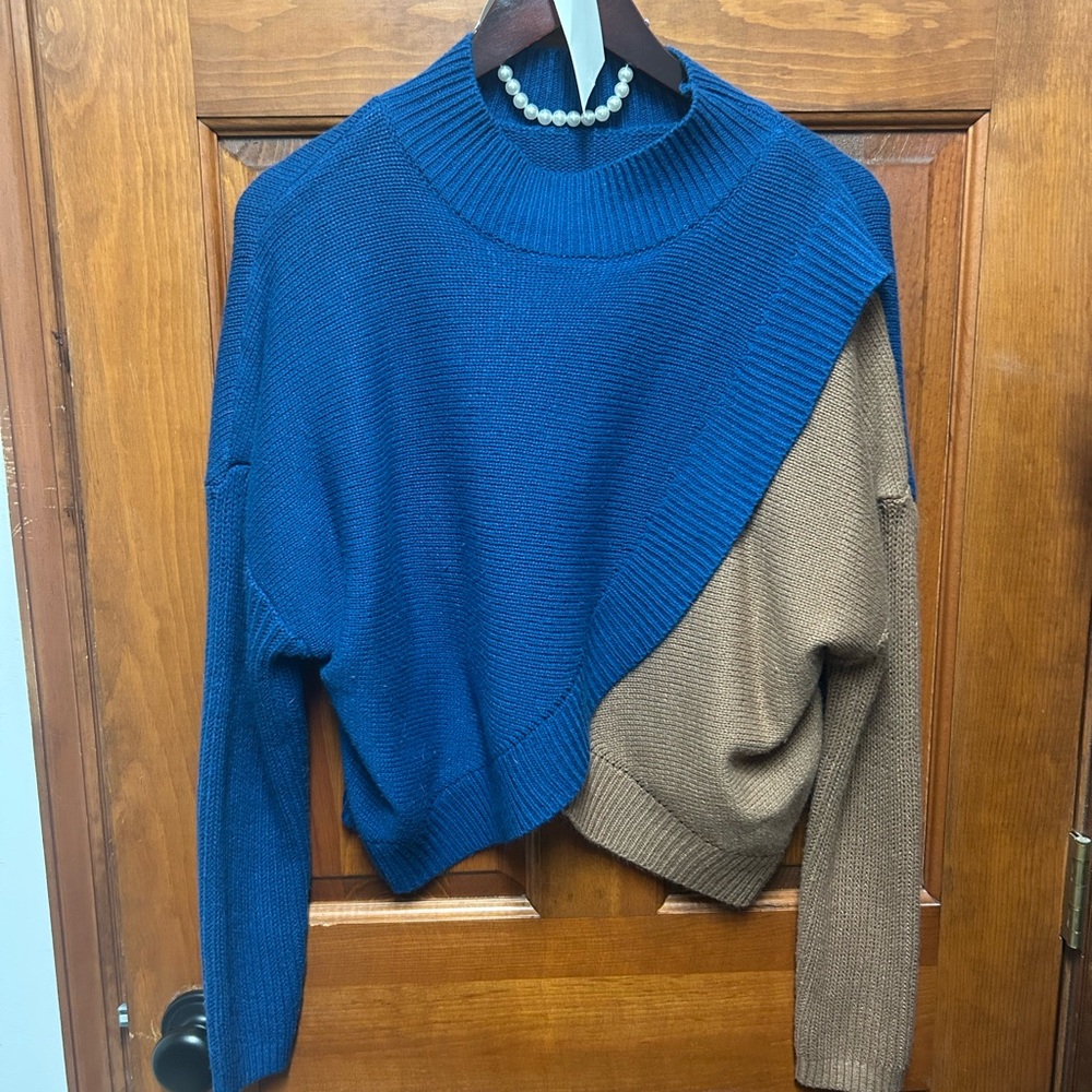SHEIN Blue and Tan Asymmetrical Sweater
